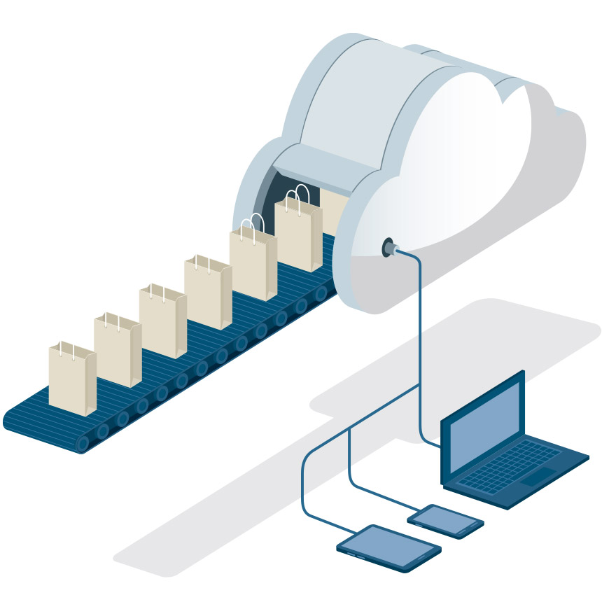 Image of a conveyor belt with bags on it coming out of a cloud.