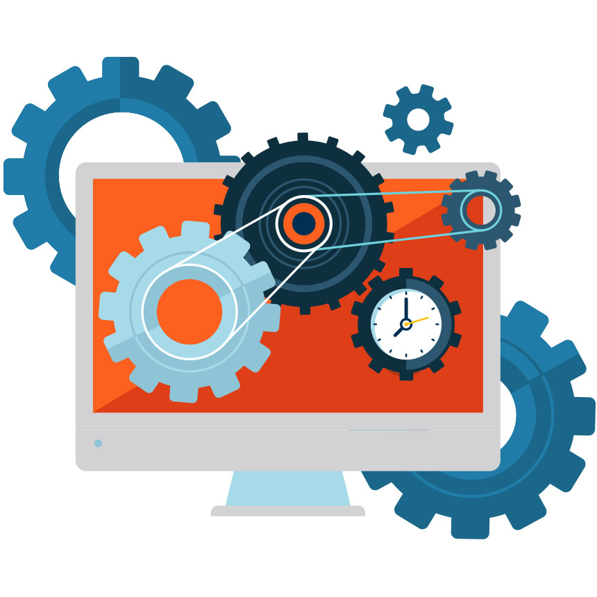 Animated image of a desktop computer with various gears on screen and floating around it.