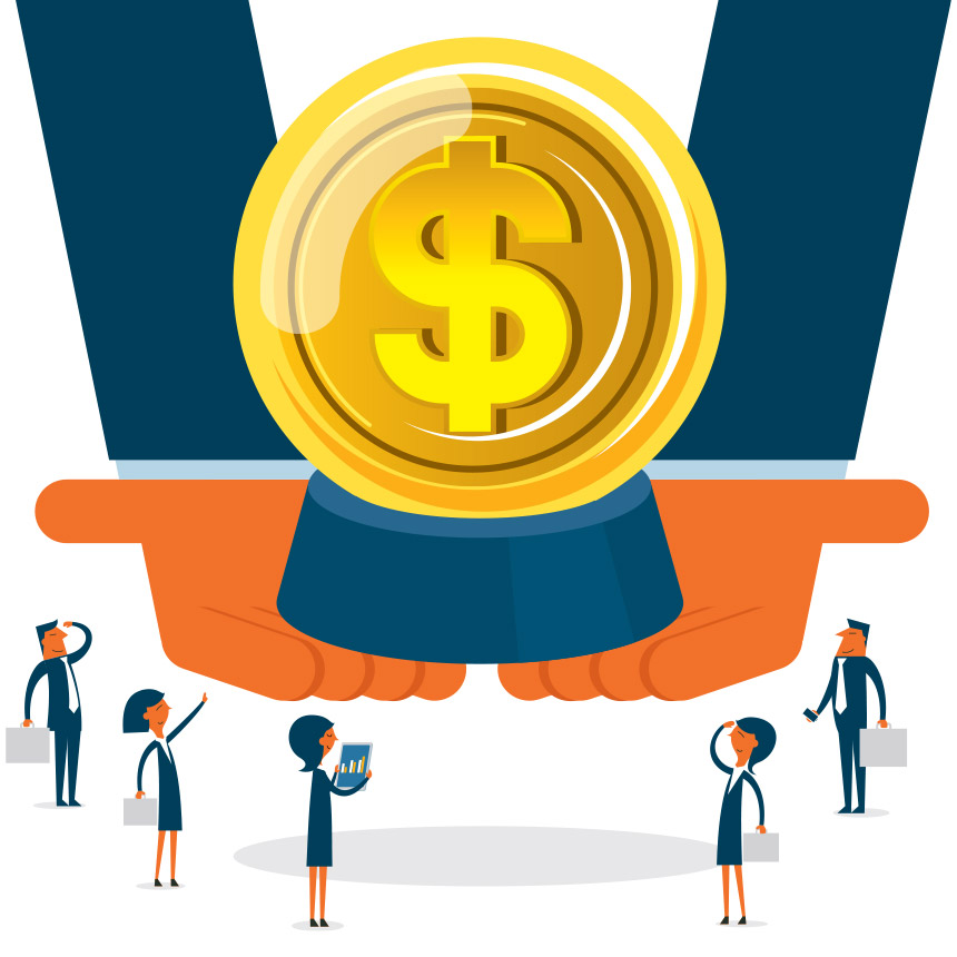Animated image of a large pair of hands holding a large dollar sign coin.