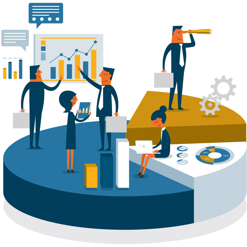 Image of people working on and around various graphs