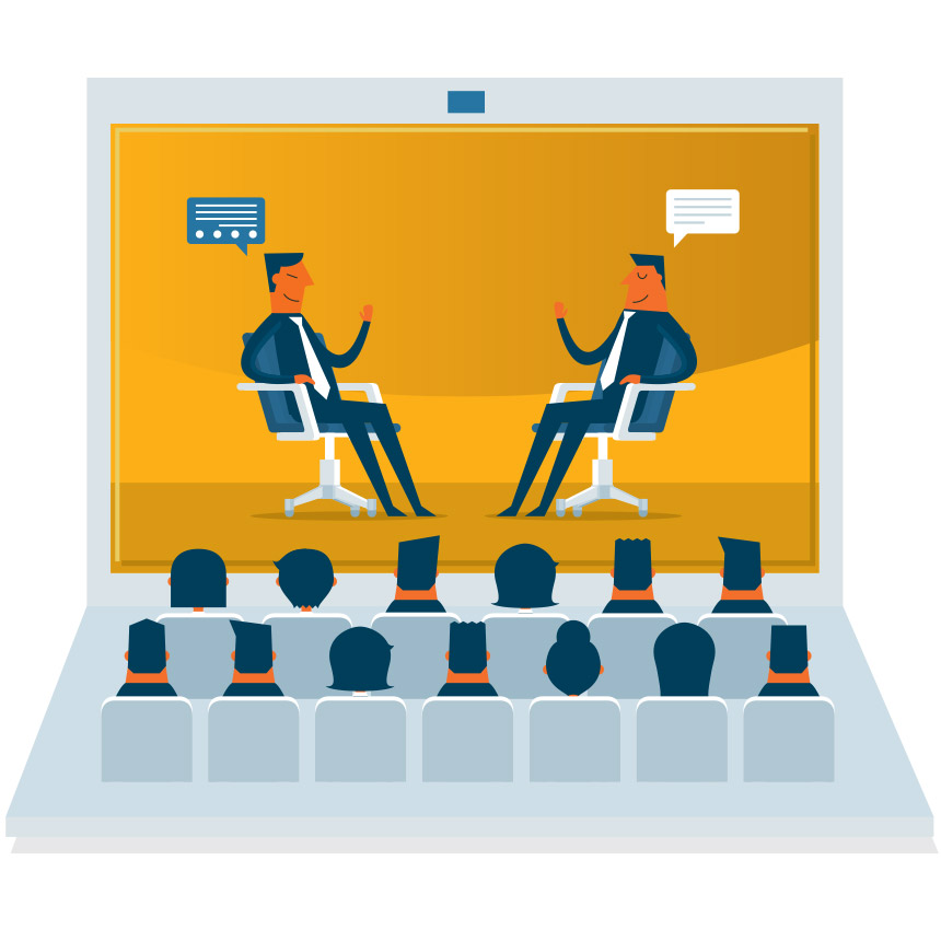 Image of multiple people watching a meeting on a big screen