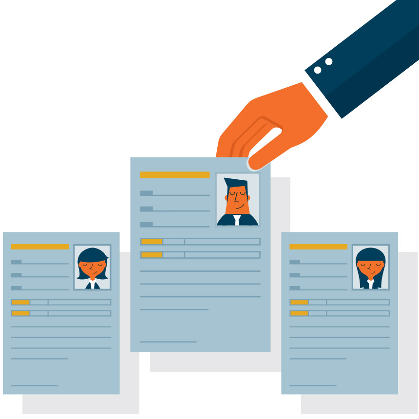 Image of 3 different resumes laid out, with one being picked up.