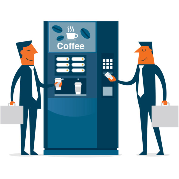 Image of two people standing by a coffee machine.