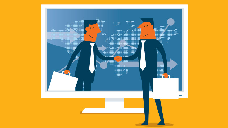 Two men making a virtual agreement over desktop