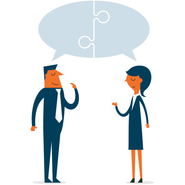Image of two people talking and their dialogue bubbles connecting together like puzzle pieces.