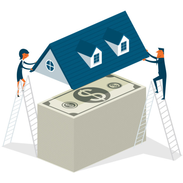 Image of two people placing a roof over a stack of cash.