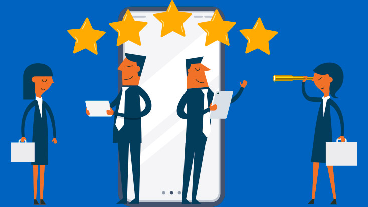 Image of four people holding tablets and briefcases with five gold stars above them.