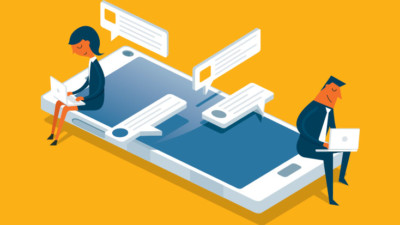 Animated image of 2 people sitting on a smartphone working on laptops.