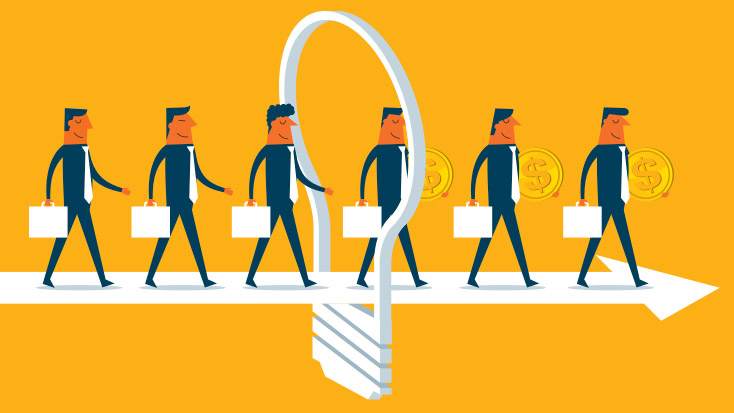 Image of six individuals with briefcases walking on an arrow through a lightbulb.