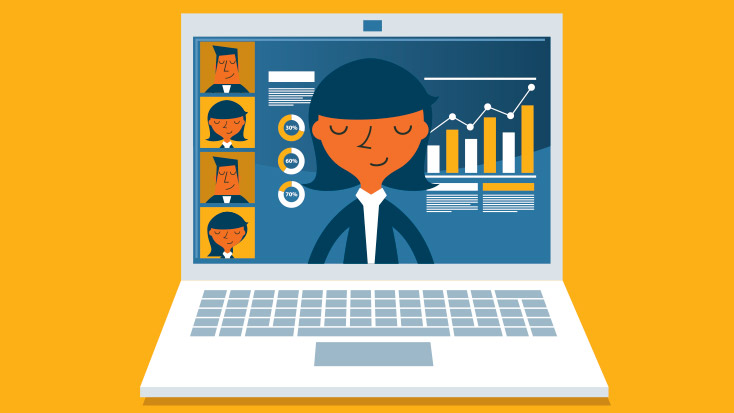 Animated image of a laptop with a virtual meeting on screen.