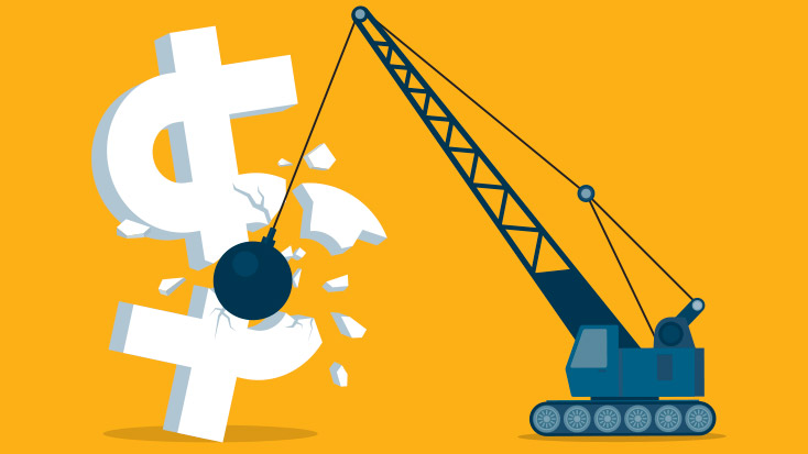Image of a wrecking ball crashing into a dollar sign.