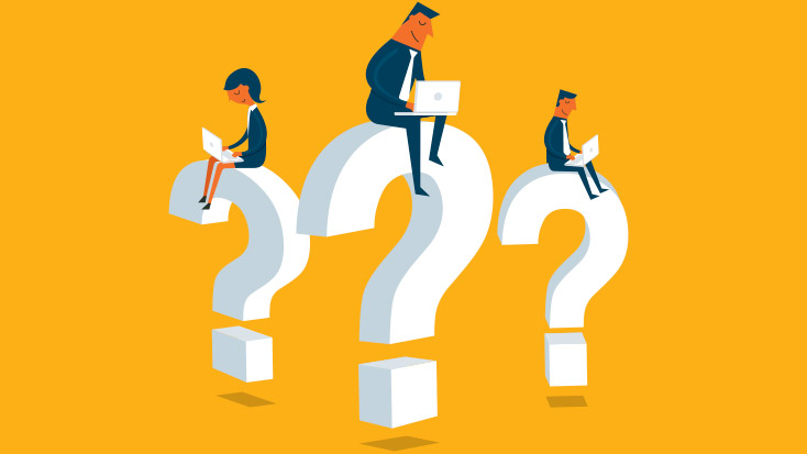 Image of three people sitting on three large question marks.