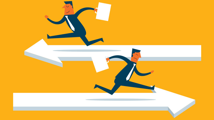 Image of two people running on different arrows going in different directions.