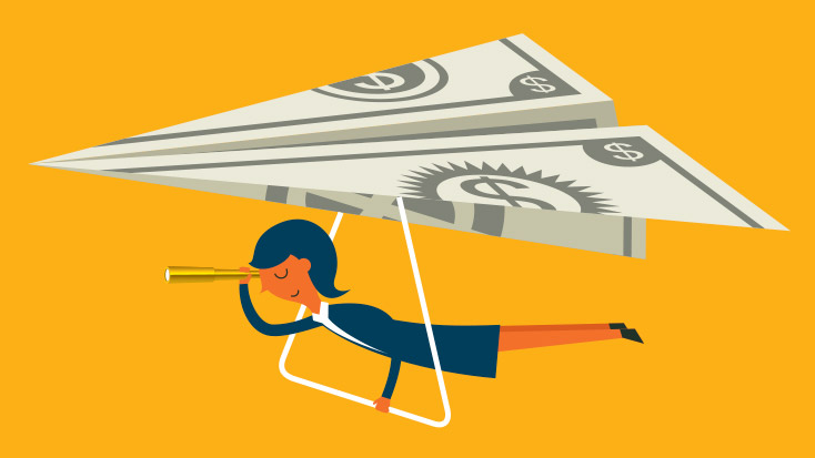 Image of someone using a hang glider made out of cash.