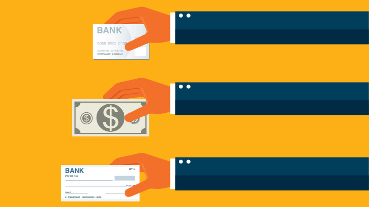 Image of three hands holding different payment methods.