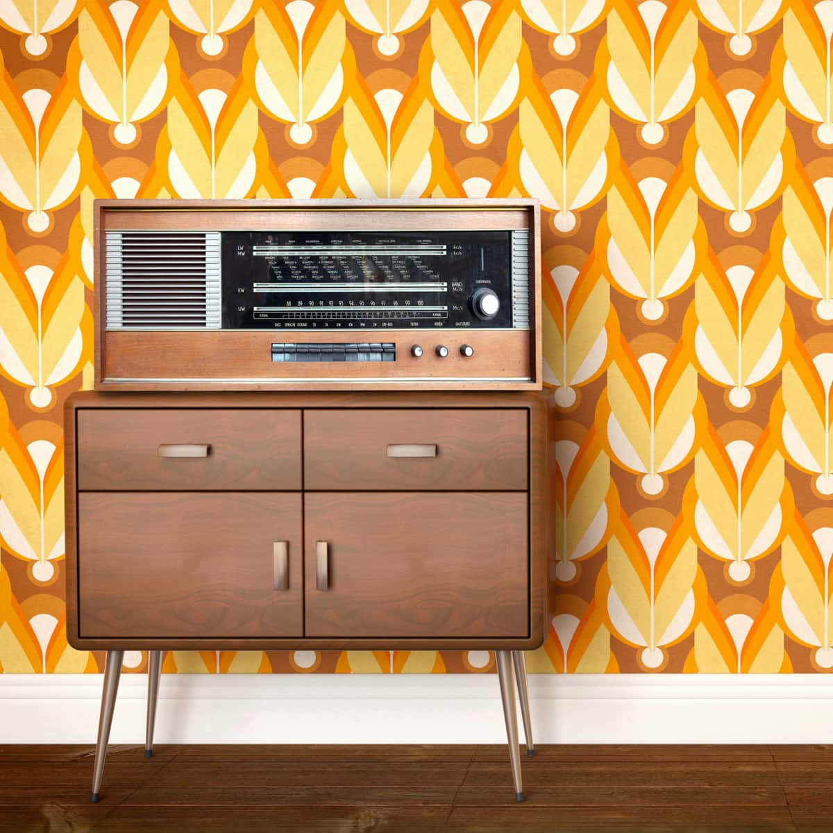 70s style side table against retro patterned wallpaper