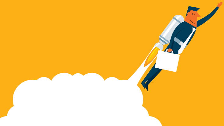 Image of someone with a suitcase using a jetpack.