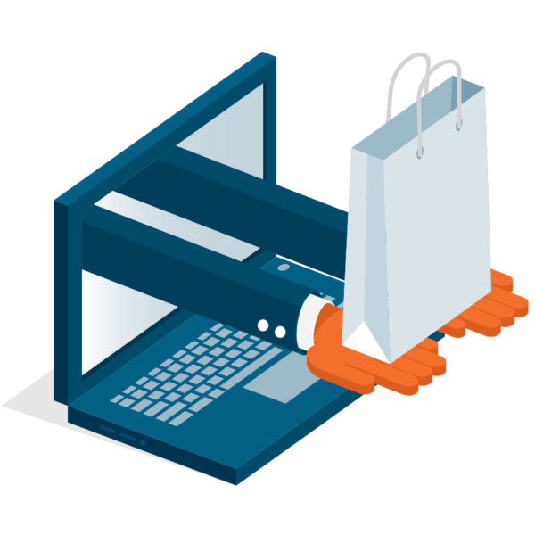 Image of a shopping bag being brought out of a laptop.