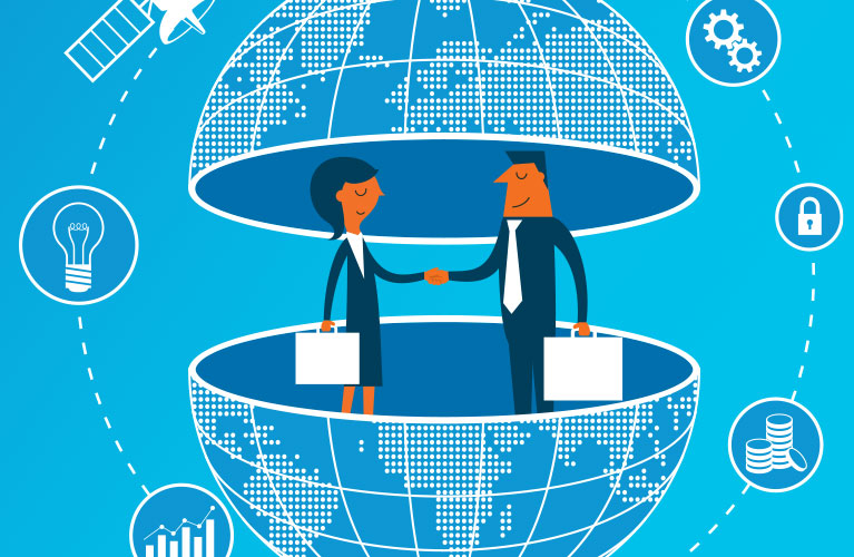 Man and woman making a deal online in globe