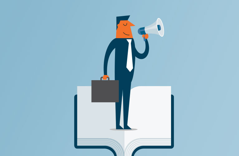 Man using megaphone on book to tell his brand story