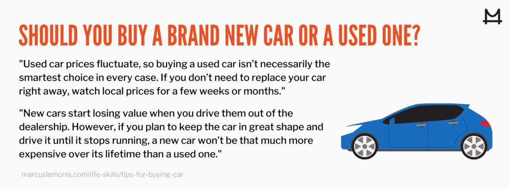 List of things to consider when choosing between a new and used car.