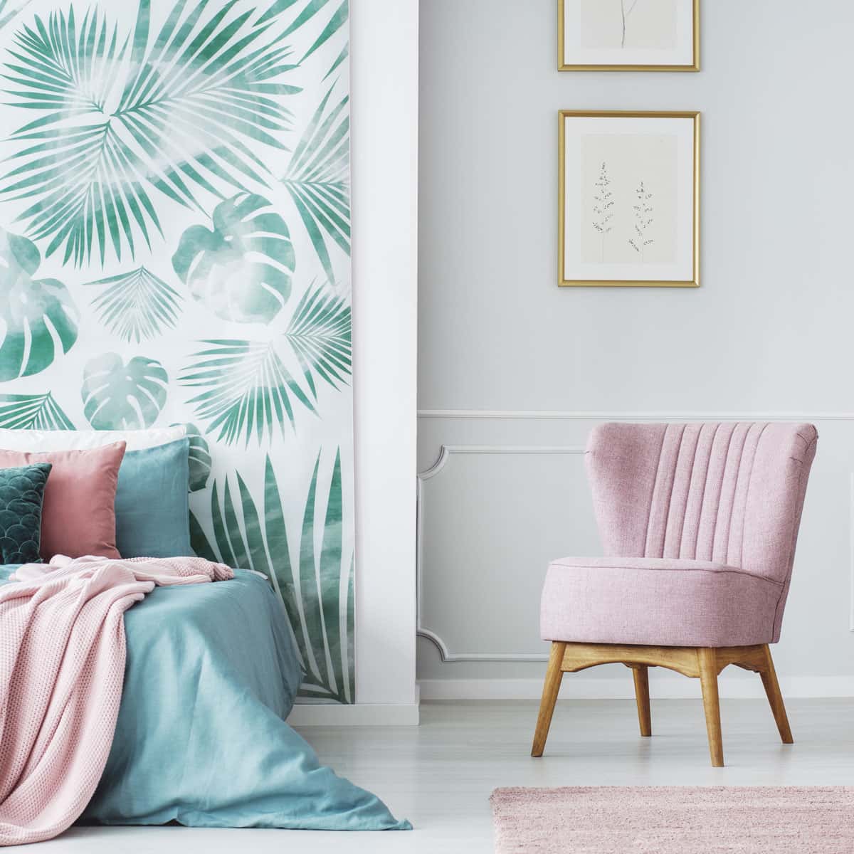 Pastel colored accent chair in 70s style home