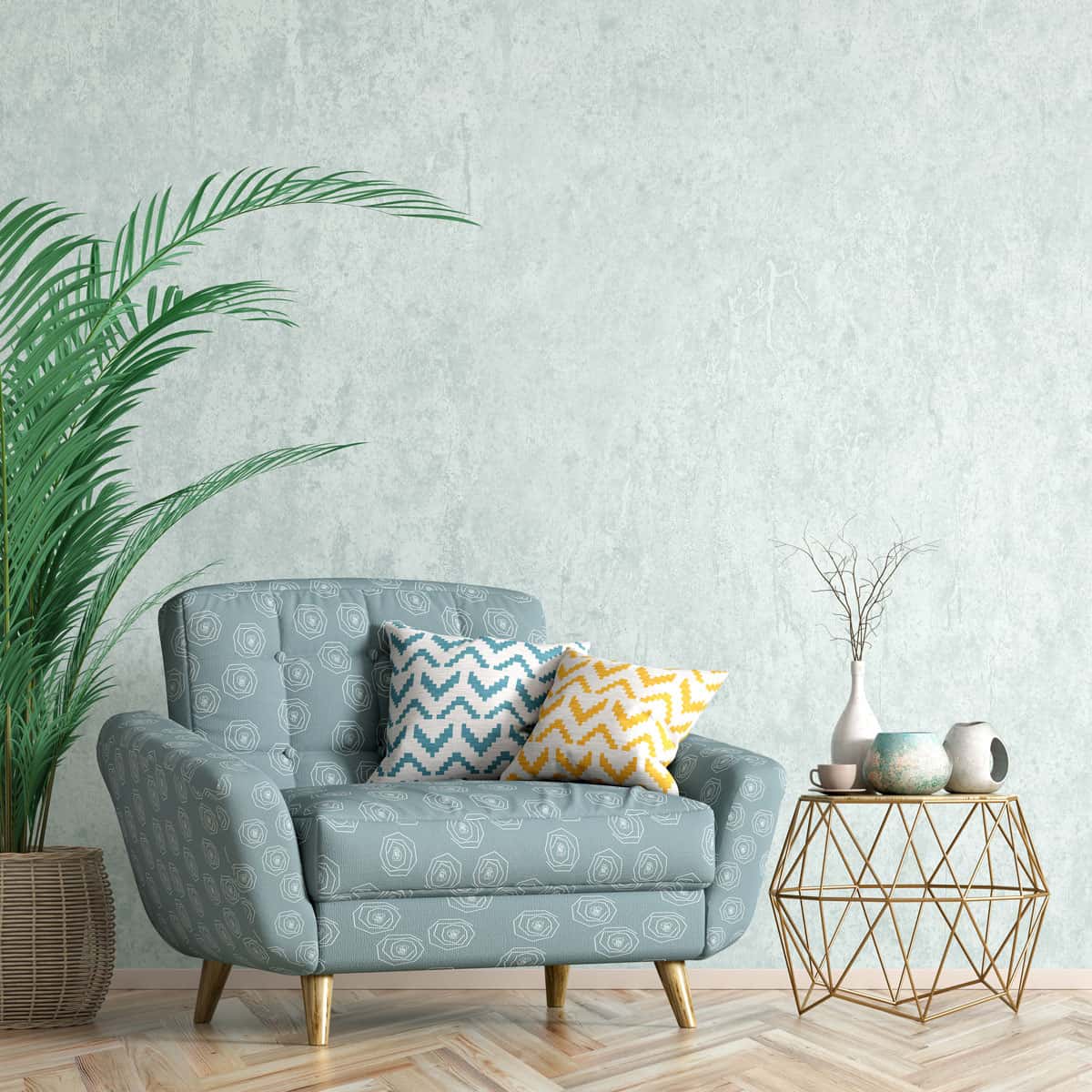 Patterned accent chair in 50s style home