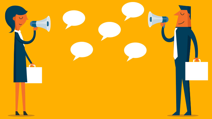 Image of two people having a conversation with megaphones.