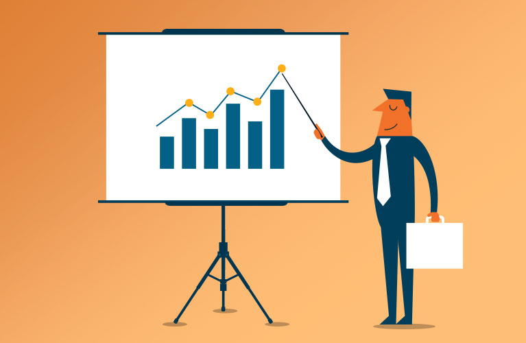 cartoon man pointing at a positive graph