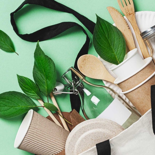 Image of a bag with various cups, utensils, and plates in it.