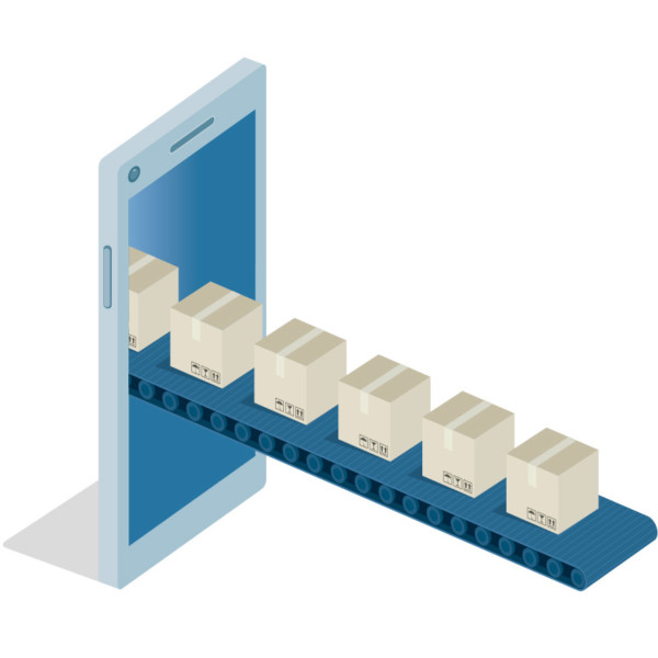 Image of a smartphone with a conveyer belt coming out of it.