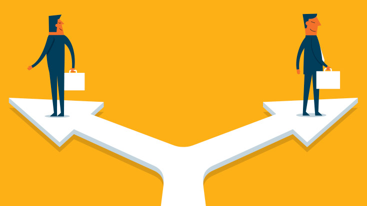 Image of two people on separate arrows going different directions.