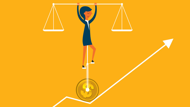 Image of someone on a unicycle with a coin as the wheel.