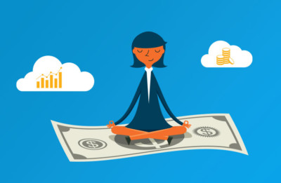 Woman meditating and floating on money in the clouds