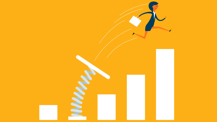 Woman jumping ahead of obstacles by problem solving