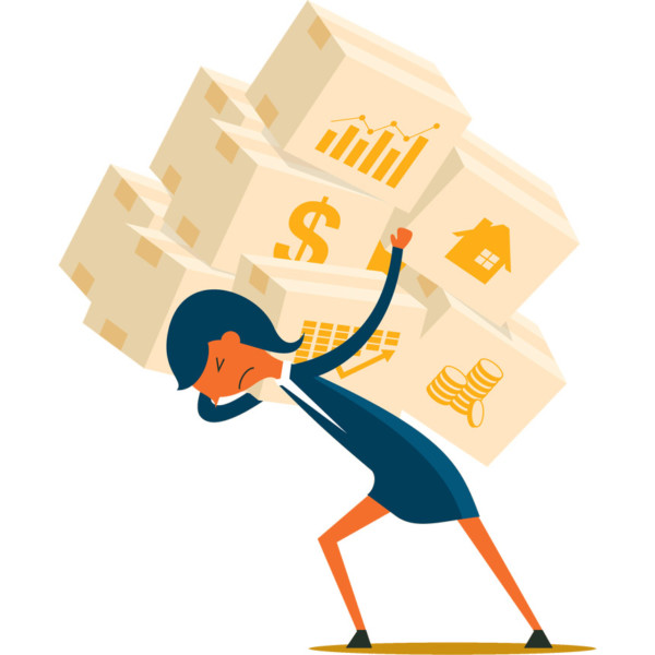 Women struggling to carry the weight of her business in boxes