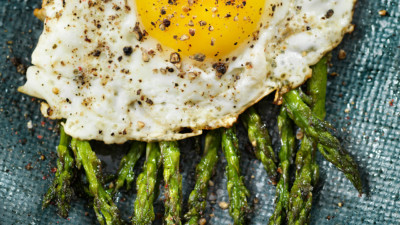 Image of Truffle Asparagus with Fried Egg Plated