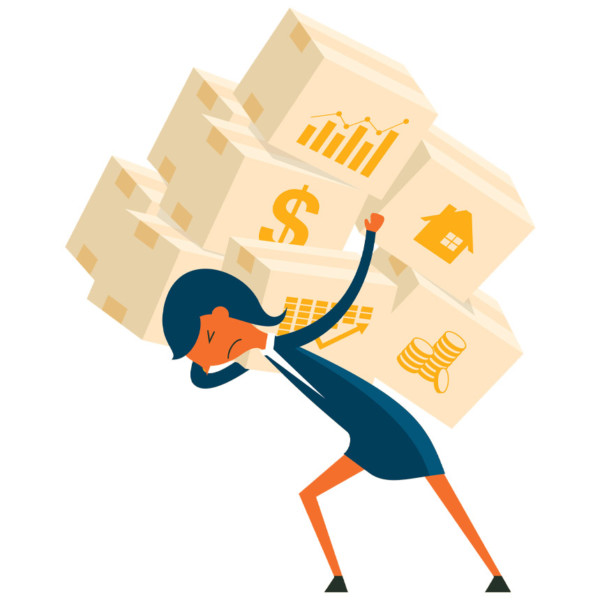 Image of someone carrying boxes with different finance symbols on them.