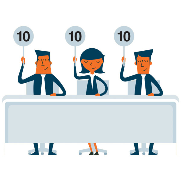 3 people holding up scores of 10