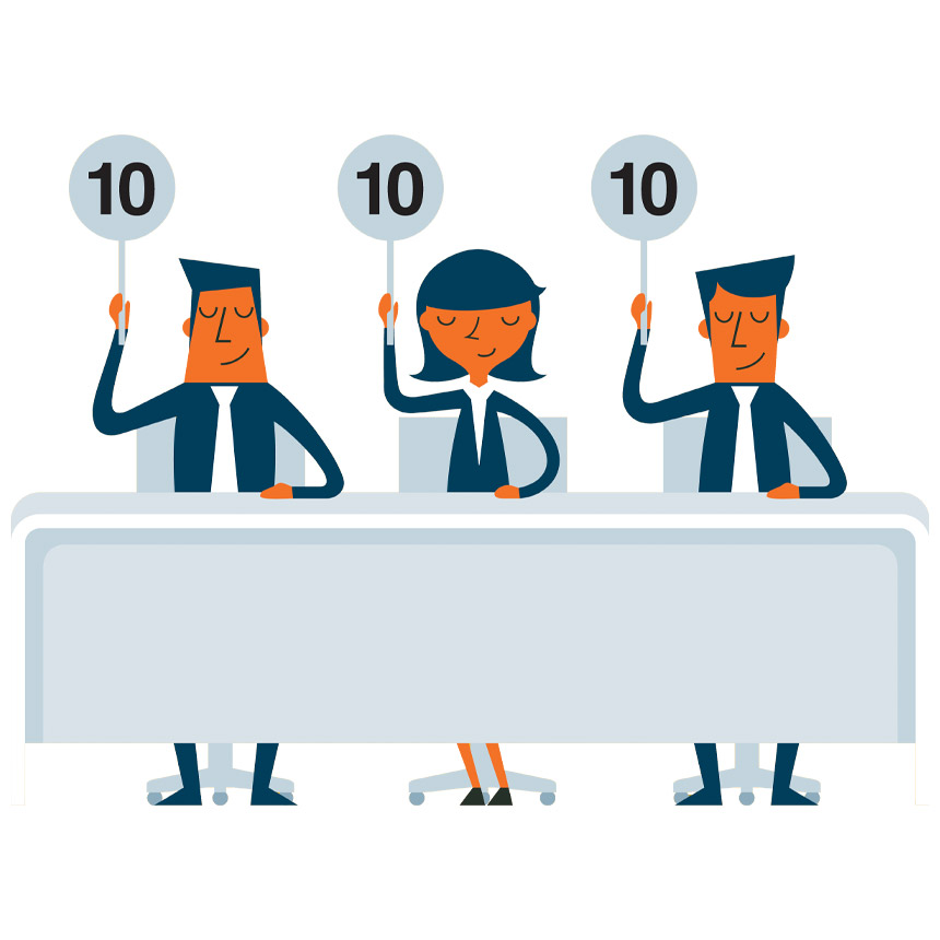 3 people holding up scores of 10