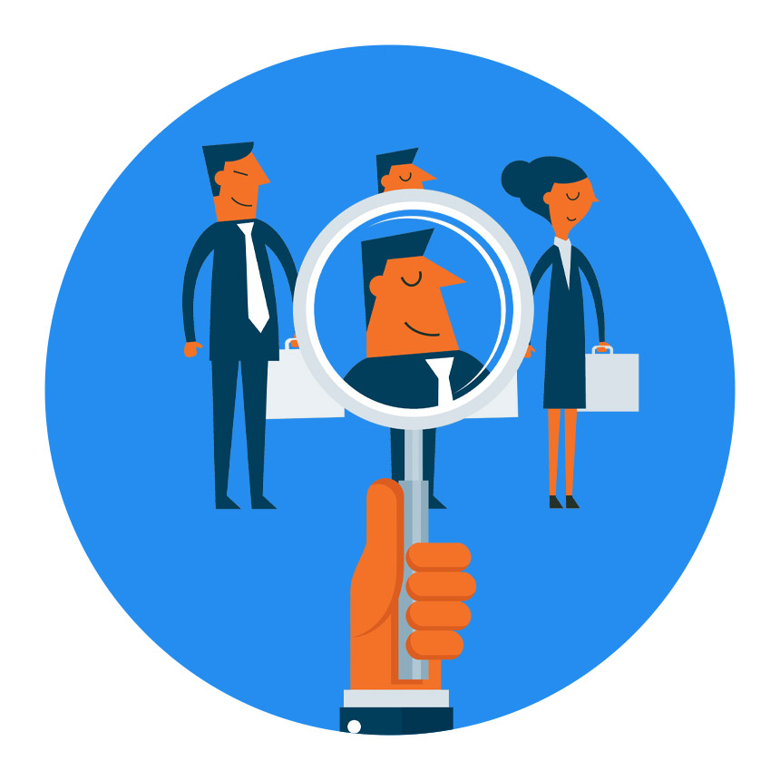 Hiring manager looking at candidates through magnifying glass to find the right person
