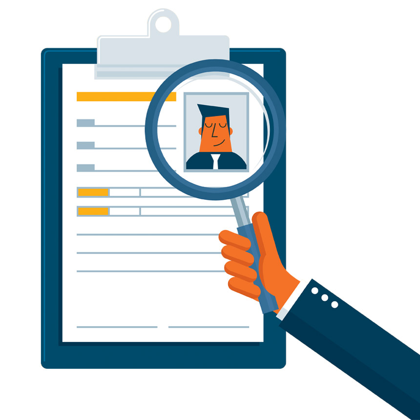 Looking closely at resume from man with a magnifying glass