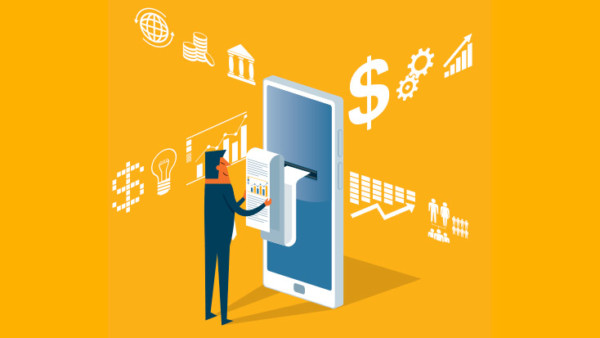 Man pulling receipt from cell phone during e commerce transaction