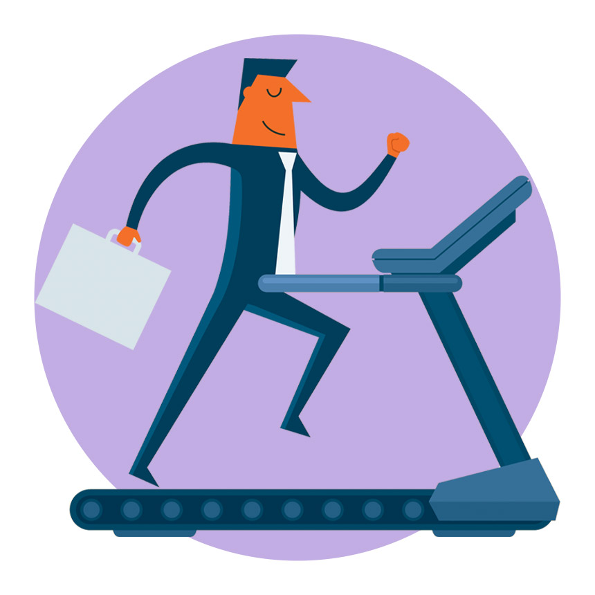 Man running on treadmill with suitcase in hand
