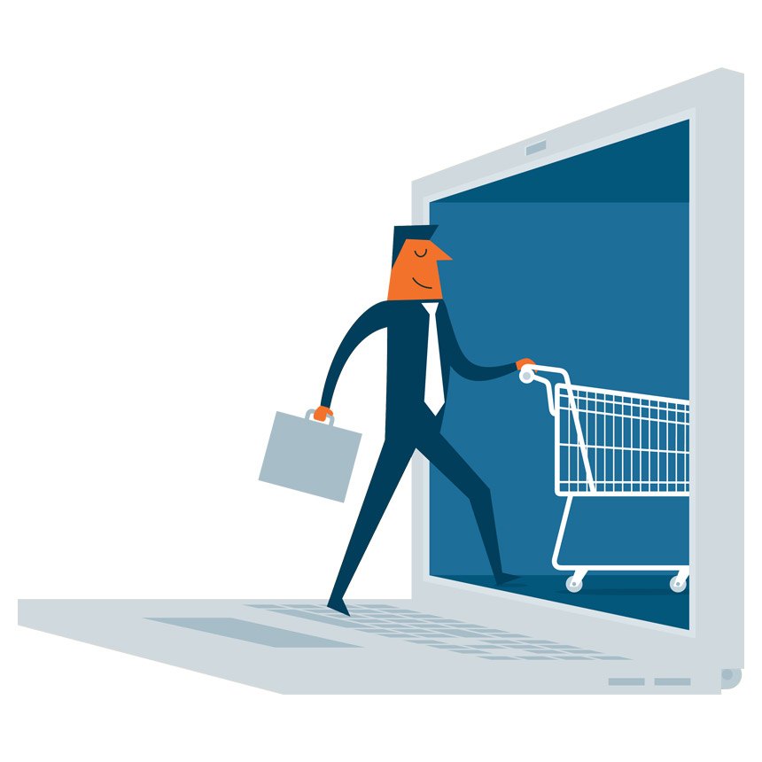 online shopping by pushing a cart through a laptop