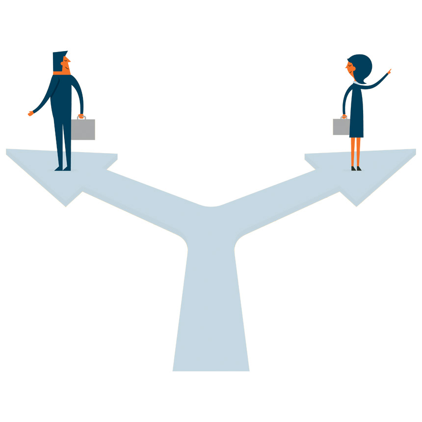 two people picking different paths