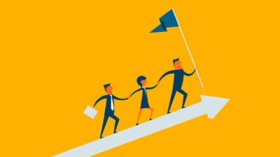 Image of three people on an arrow going up.