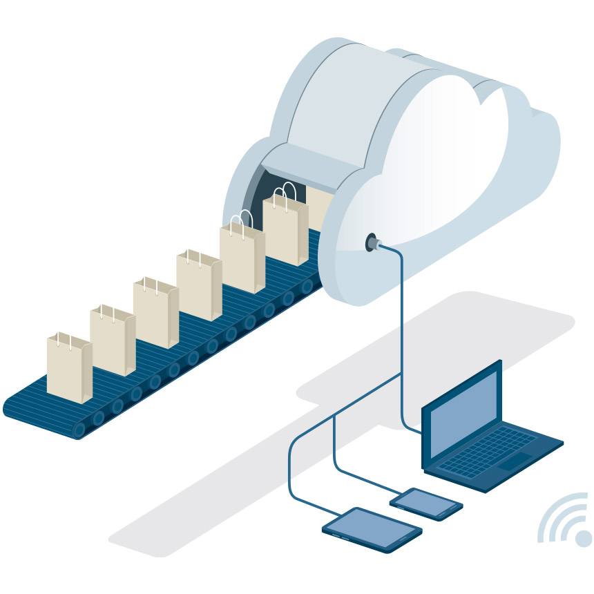 Image of a conveyor belt coming from a cloud.