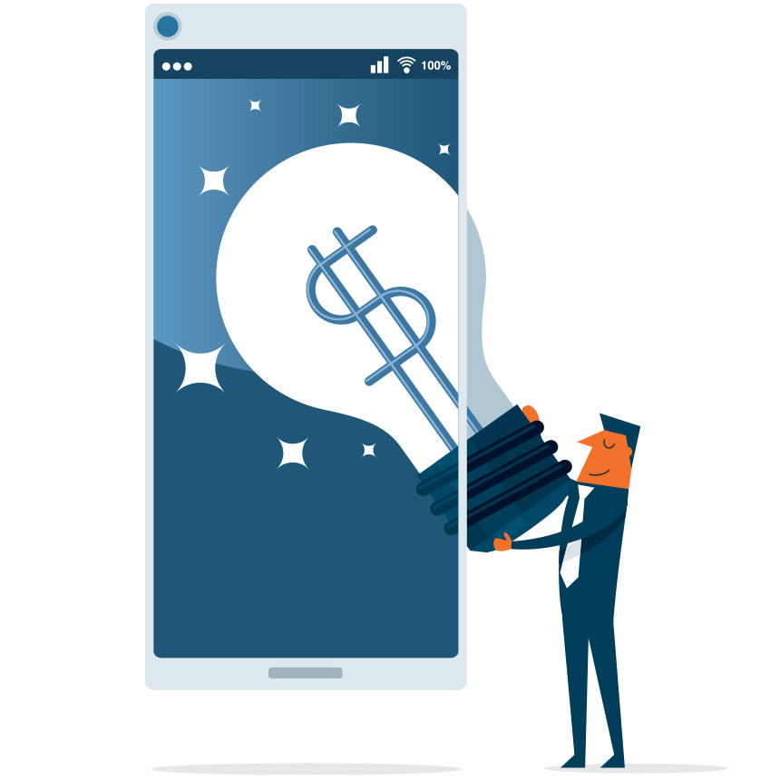man holding a light bulb in a phone representing high quality content