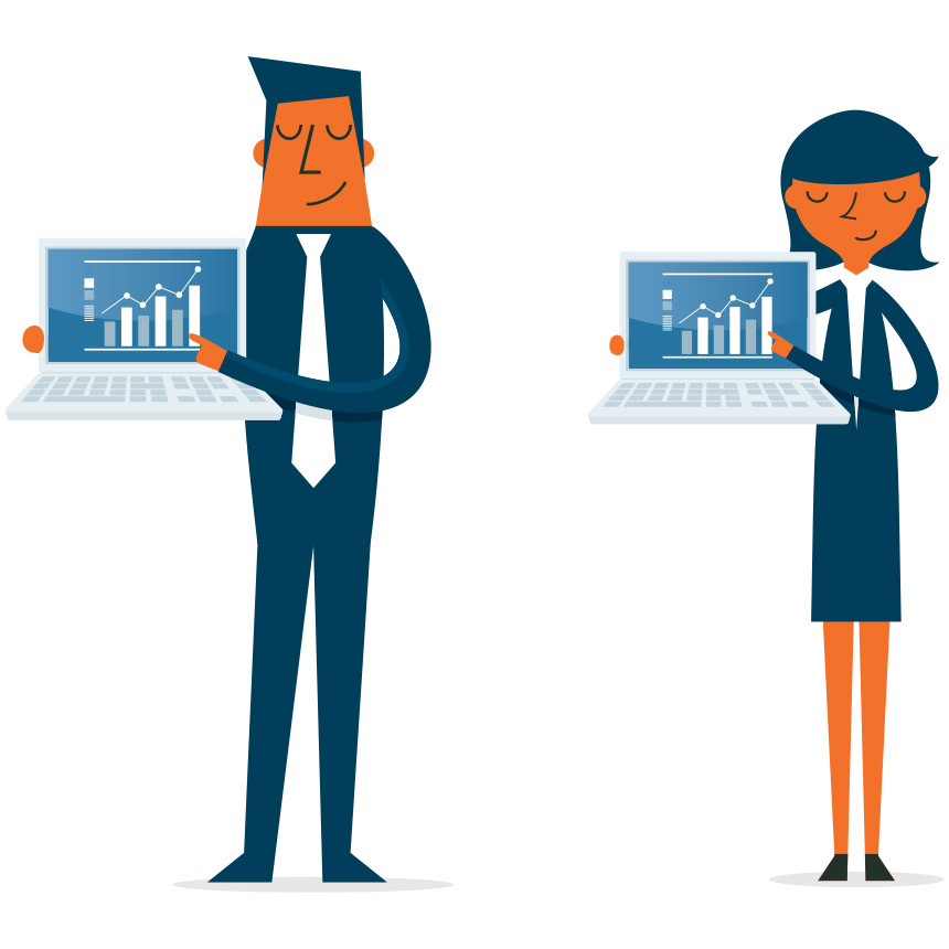 Image of two people showing charts on laptops.